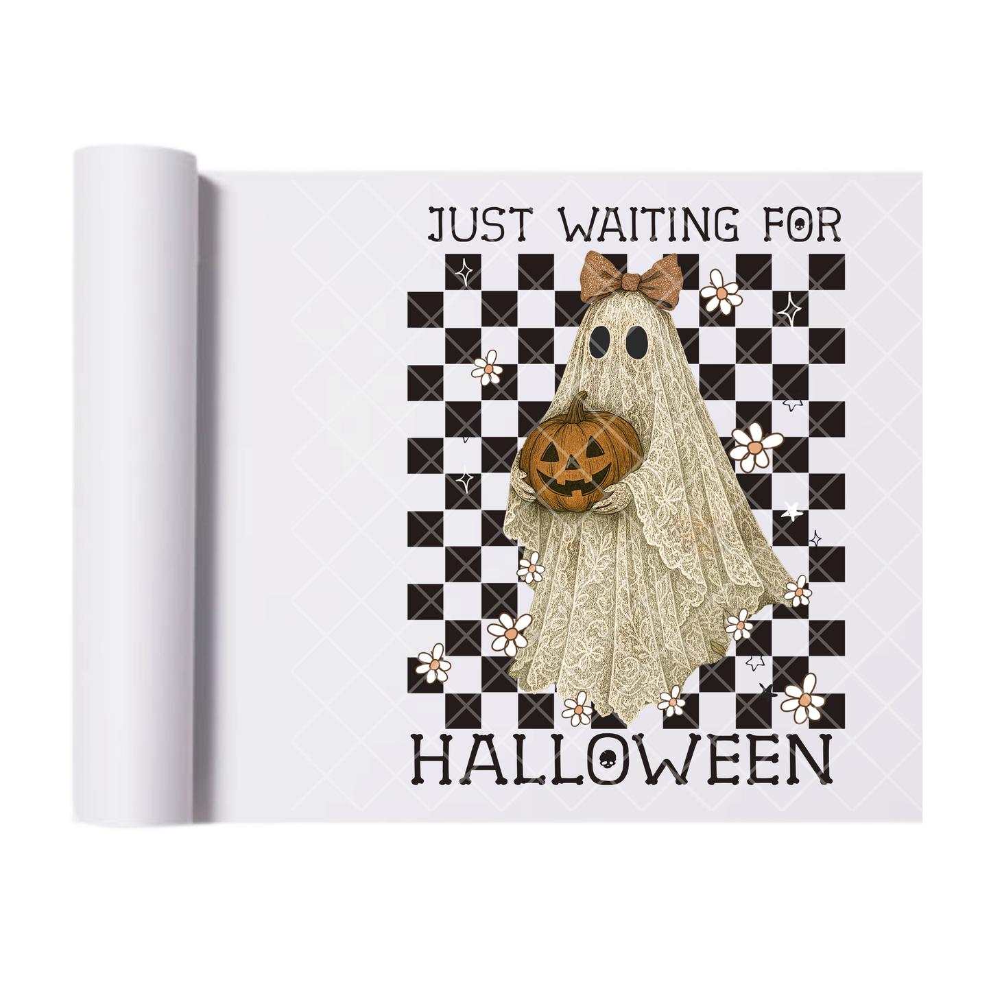 Waiting For Halloween Deco Ghost - Ready To Press Print Transfer for Apparel, Cotton, Polyester & Blends - High-Quality Print- Commercial Grade