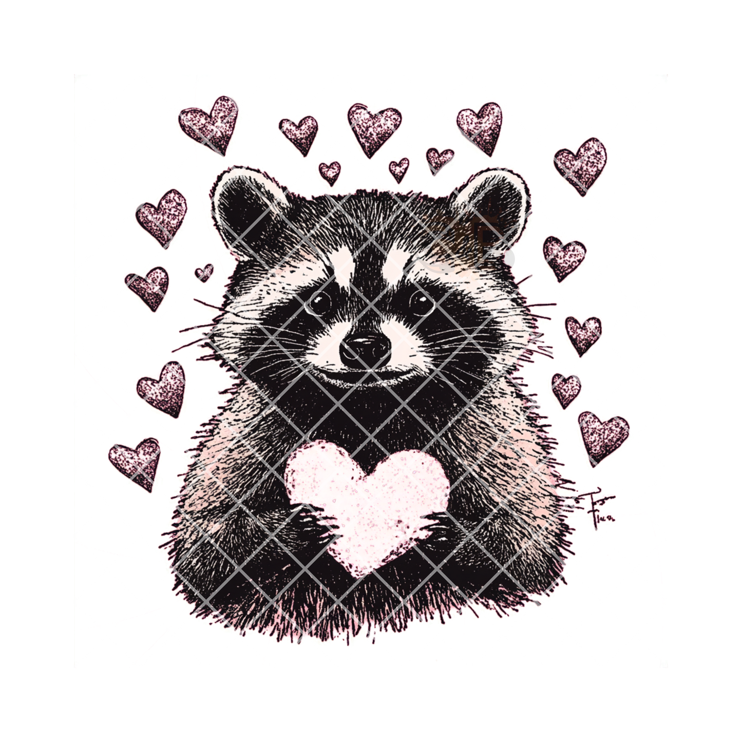 Raccoon holding heart DTF film t shirt transfer