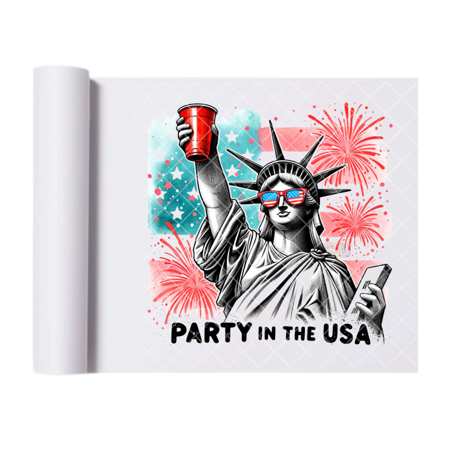 Party In The USA Lady Liberty - Direct Transfer Print, Ready To Press For T-Shirts, Cotton, Polyester & Blends - Tshirt Business Quality