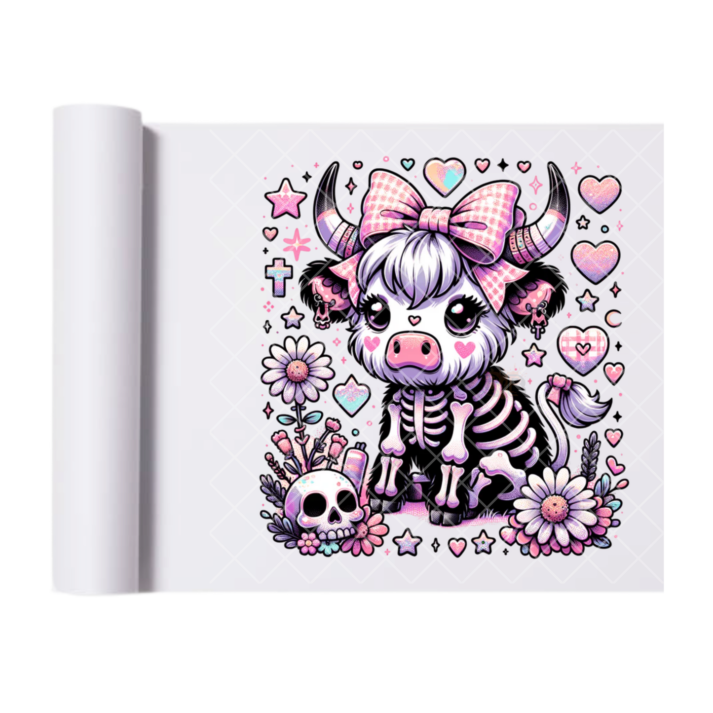 Pink Bow Steer Halloween - Ready To Press Print Transfer for Apparel, Cotton, Polyester & Blends - High-Quality Print- Commercial Grade