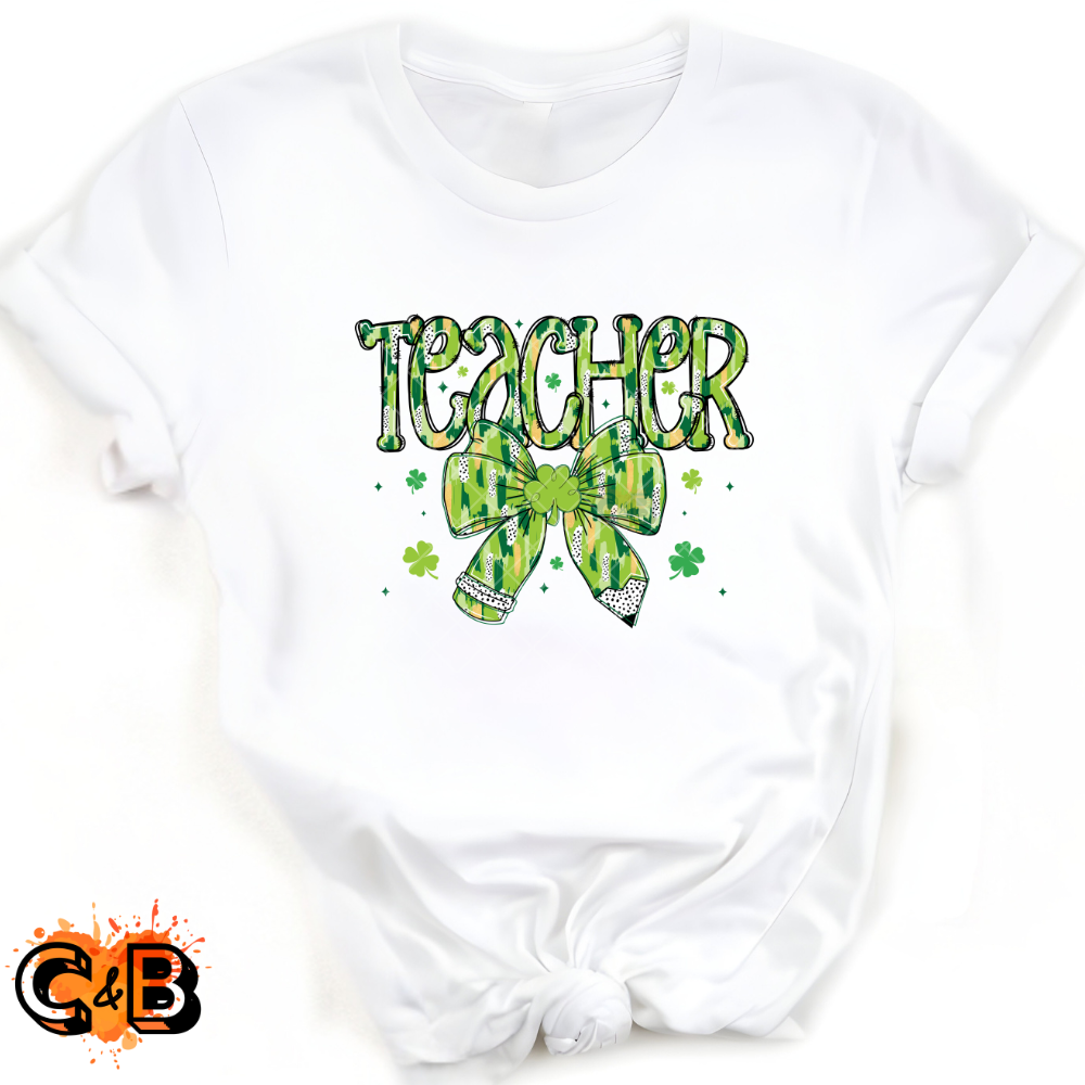 Saint Patrick’s Teacher Bow Pencil - Direct Print Film Transfer for T-Shirts, Cotton, Polyester & Blends - High-Quality DTF Print