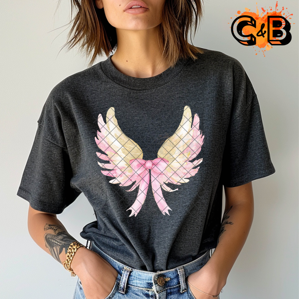 Pink Bow With Wings - Direct Print Film Transfer for T-Shirts, Cotton, Polyester & Blends - High-Quality DTF Print