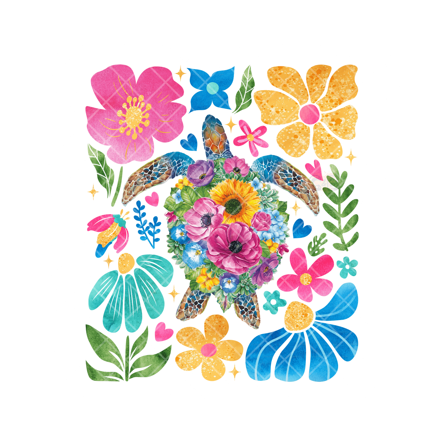 Water Color Sea Turtle Flowers PNG