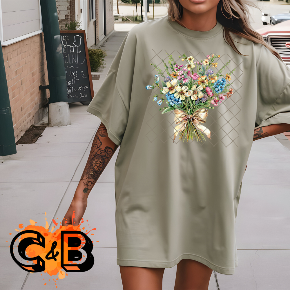 Spring Bouquet white blue pink - Direct Print Film Transfer for T-Shirts, Cotton, Polyester & Blends - High-Quality DTF Print