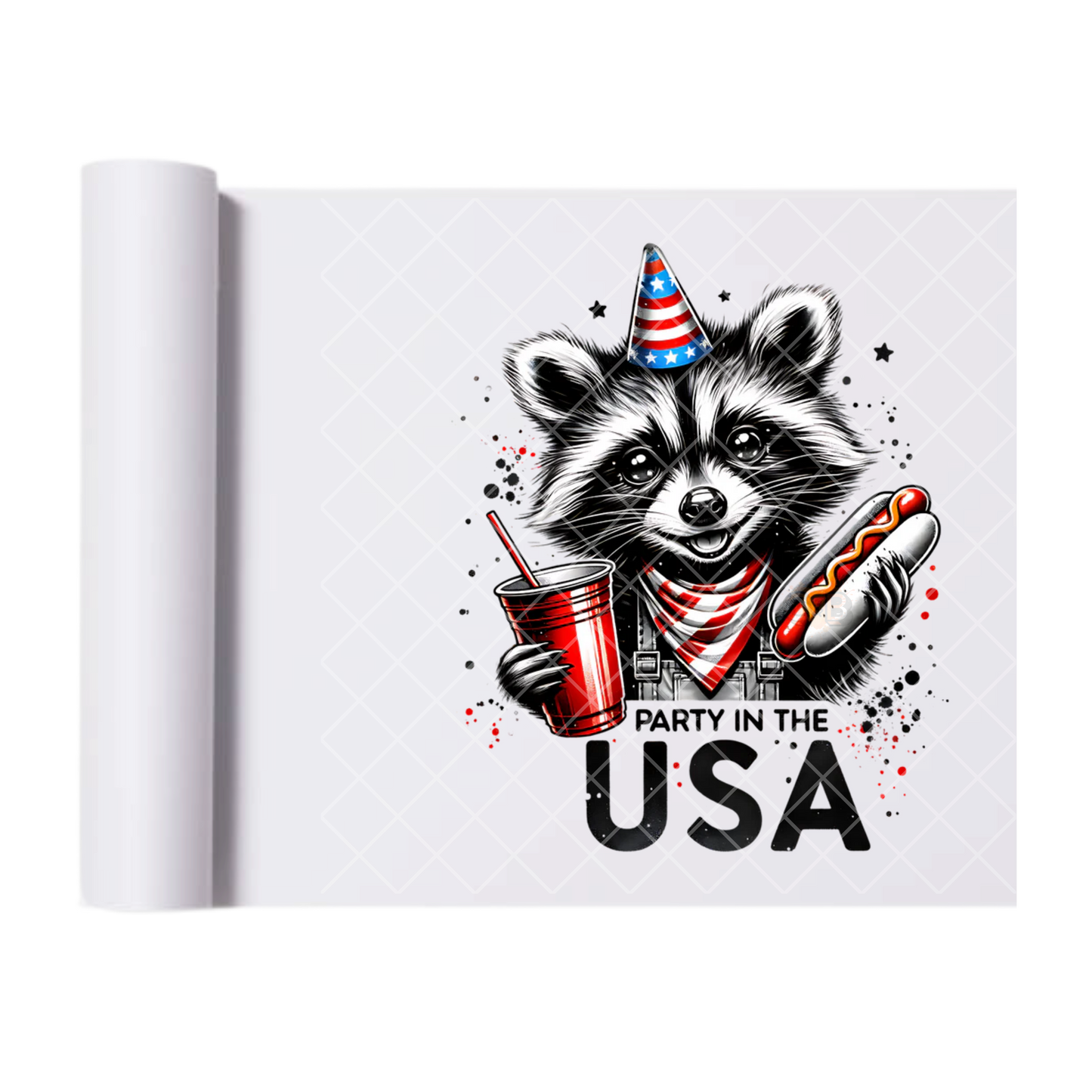 Party In The USA Raccoon - Direct Transfer Print, Ready To Press For T-Shirts, Cotton, Polyester & Blends - Tshirt Business Quality