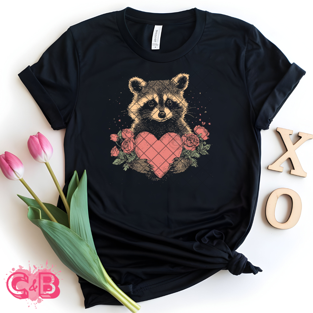 Raccoon holding heart and roses PNG