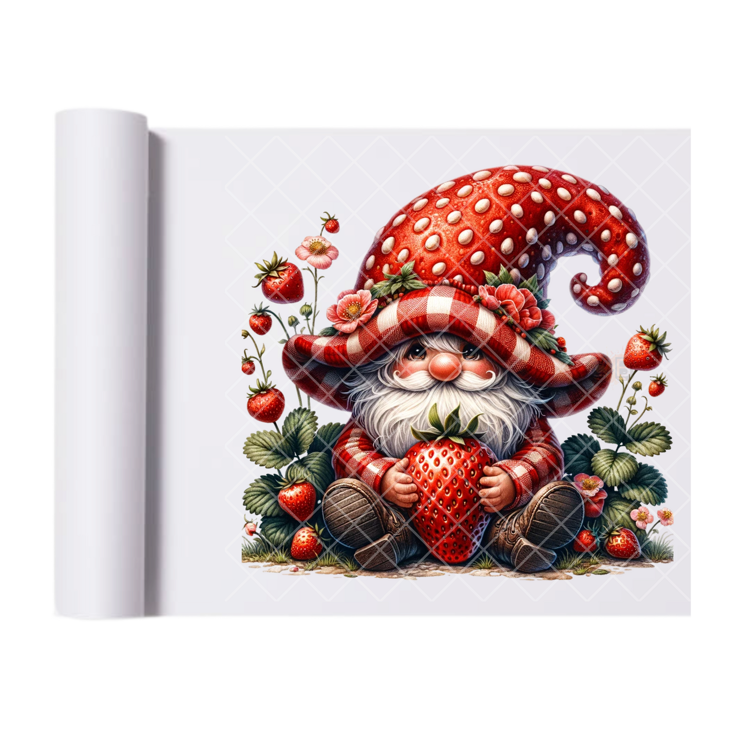 Strawberry Themed Gnome - Direct Print Film Transfer for T-Shirts, Cotton, Polyester & Blends - High-Quality Print
