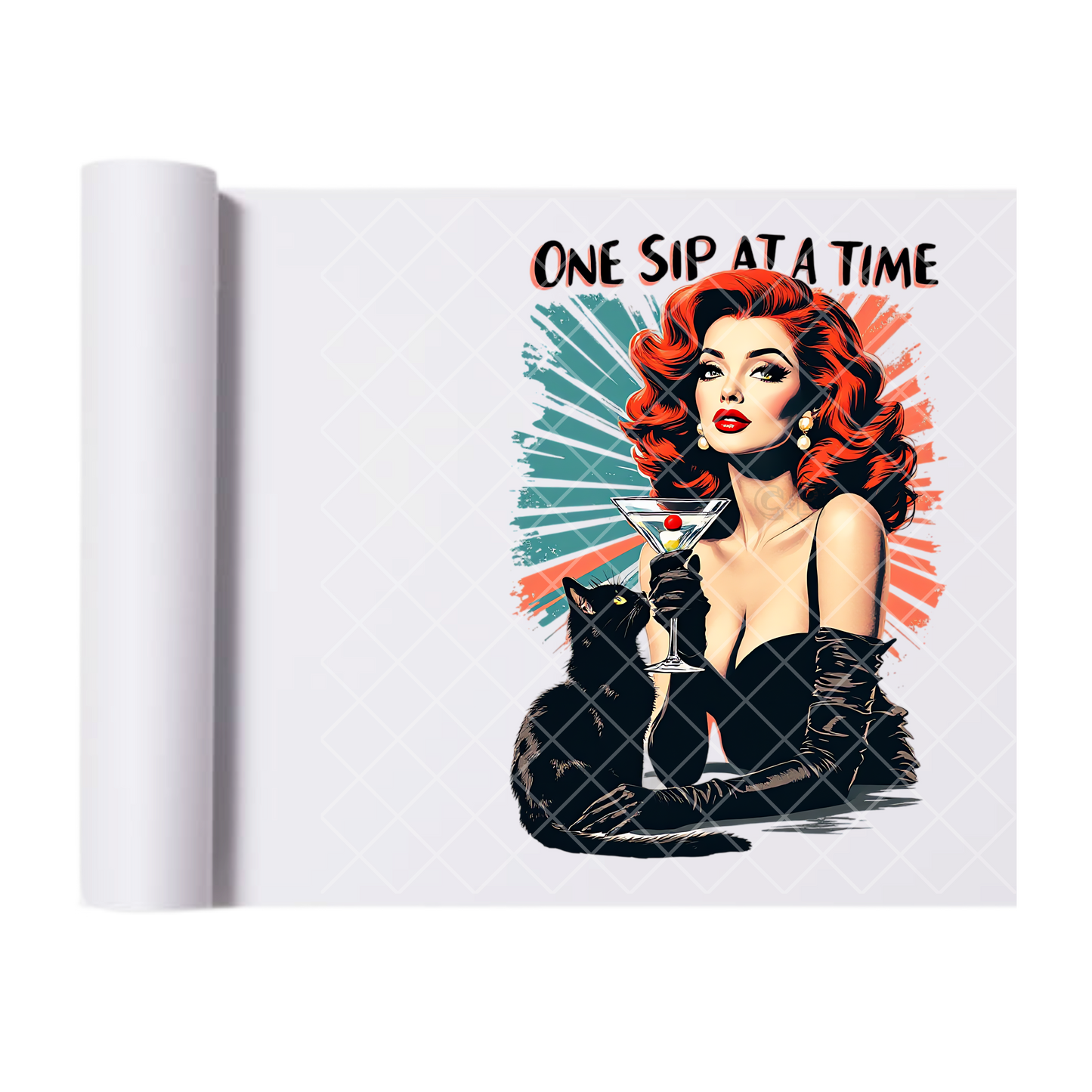 One Sip At A Time Black Cat - Ready To Press Print Transfer for Apparel, Cotton, Polyester & Blends - High-Quality Print- Commercial Grade