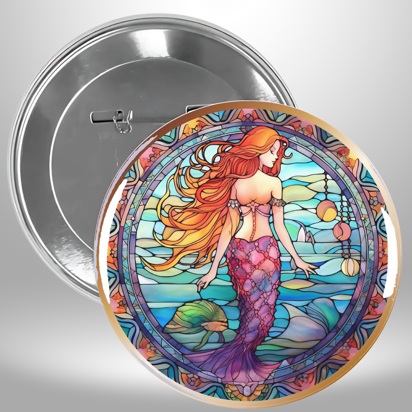 3 Piece Mermaid In Stained Glass Pinback Buttons