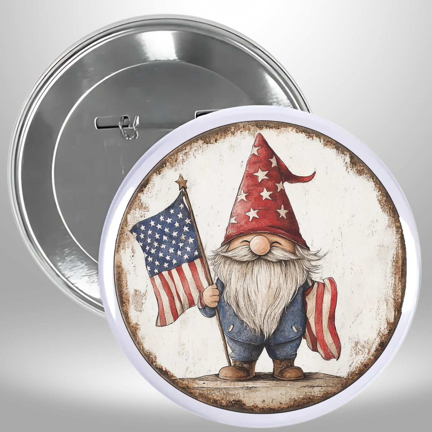 Set Of 9 - 4th Of July Theme Gnome Puppy Rooster Flag Pinback Buttons