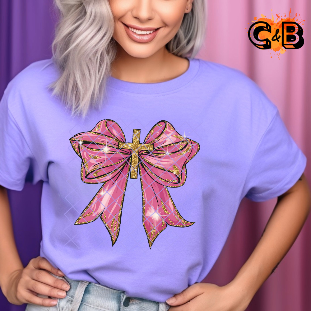 Pink gold bow with cross PNG