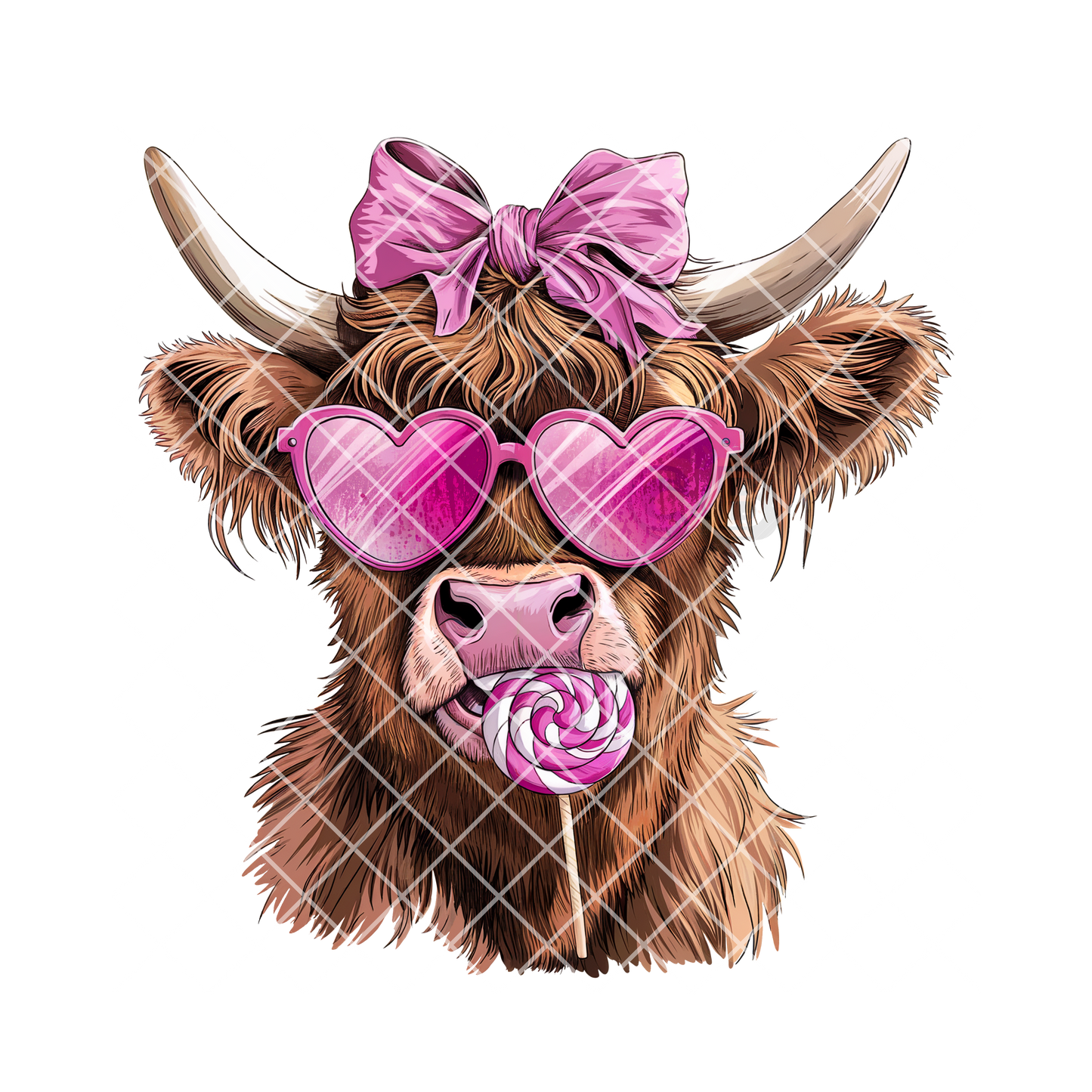 Highland Cow pink bow glasses and lollipop PNG