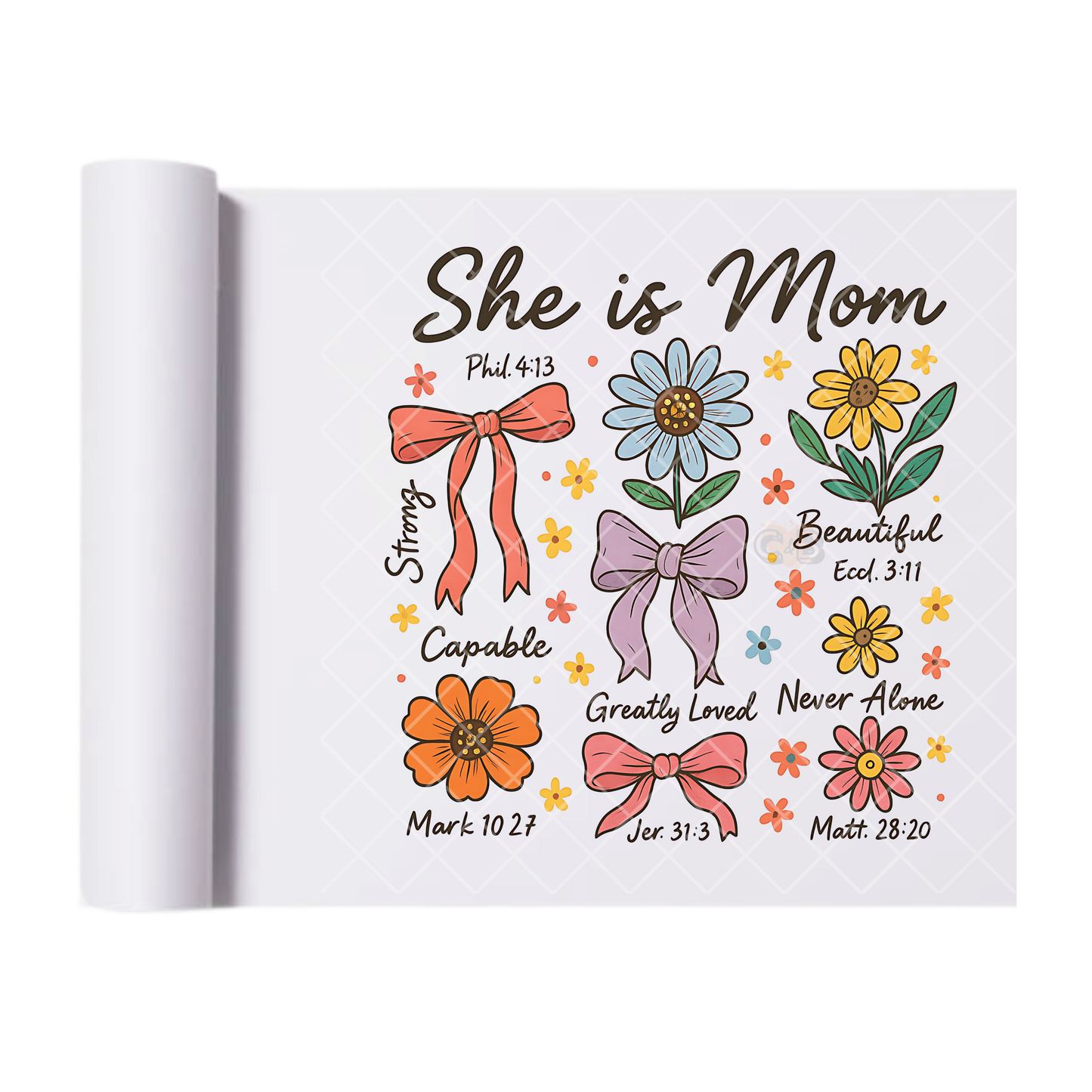 She Is Mom Bows Flowers Scripture - Direct Print Film Transfer for T-Shirts, Cotton, Polyester & Blends - High-Quality Print