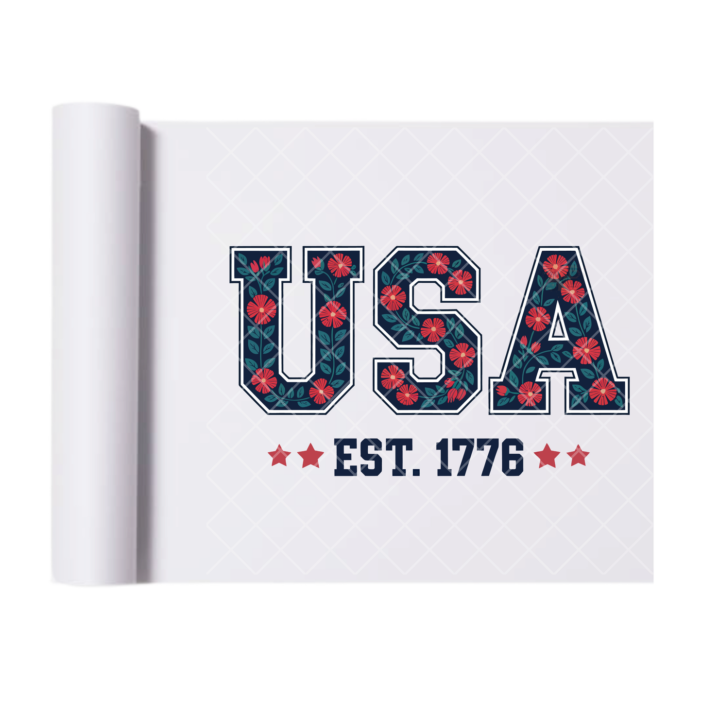 USA EST. 1776 Red Flowers - Direct Print Film Transfer for Trendy T-Shirts, Cotton, Polyester & Blends - High-Quality Print