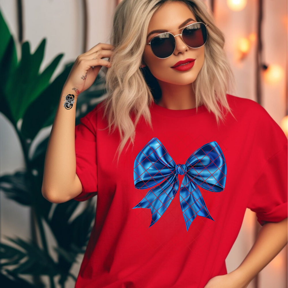 Blue Chrome Bow - Direct Print Film Transfer for T-Shirts, Cotton, Polyester & Blends - High-Quality DTF Print