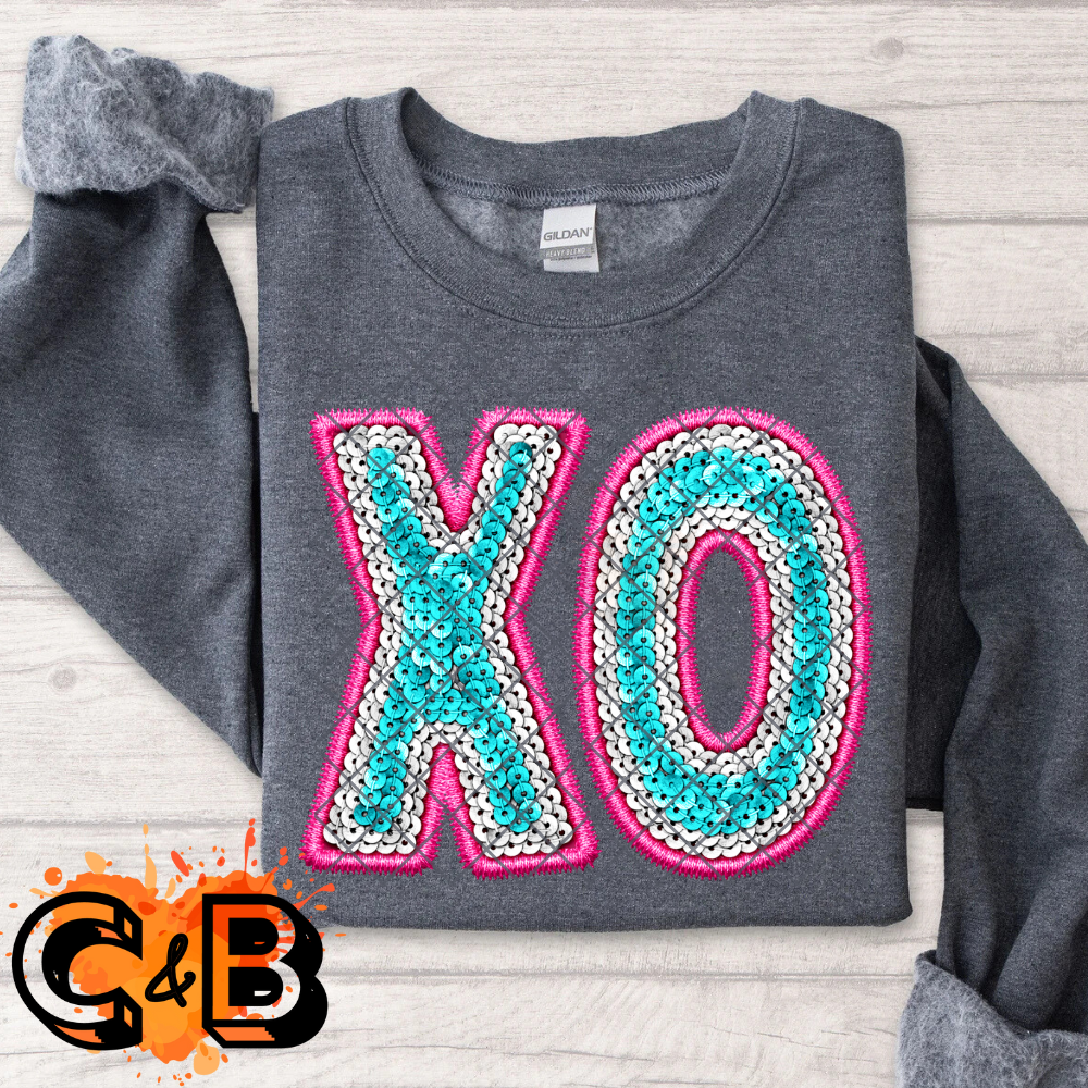 XO bedazzled faux patch DTF film t shirt transfer
