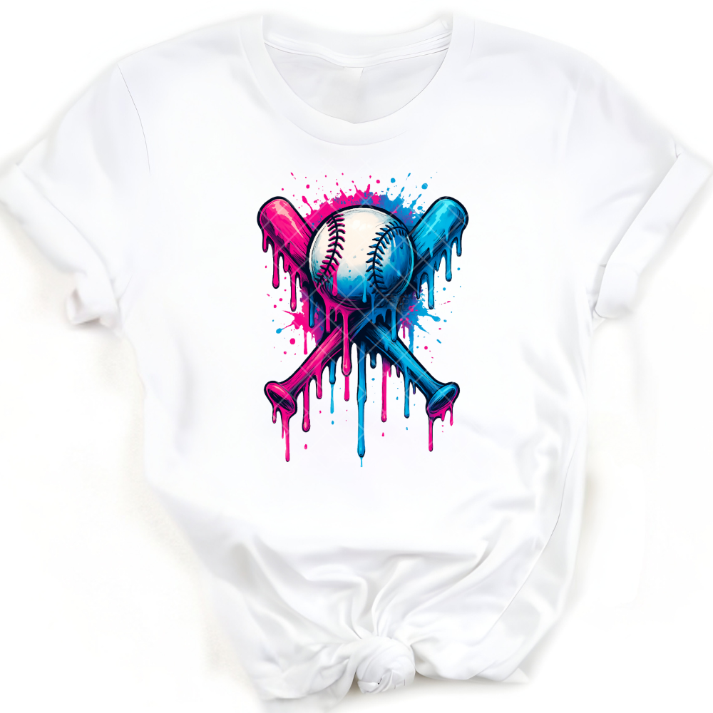 Pink Blue Drip Baseball Club - Direct Print Film Transfer for T-Shirts, Cotton, Polyester & Blends - High-Quality Print