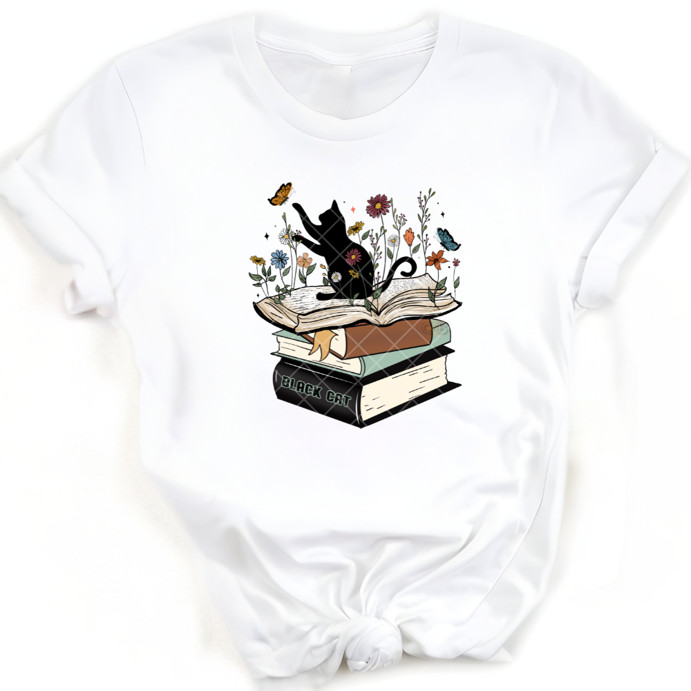Black Cat Stack Of Books - Direct Print Film Transfer for T-Shirts, Cotton, Polyester & Blends - High-Quality Print