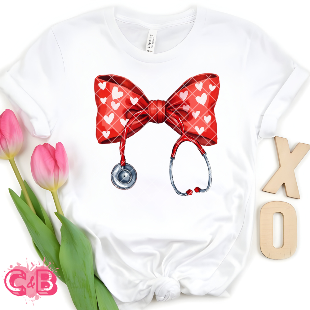 Heart bow with stethoscope DTF film t shirt transfer