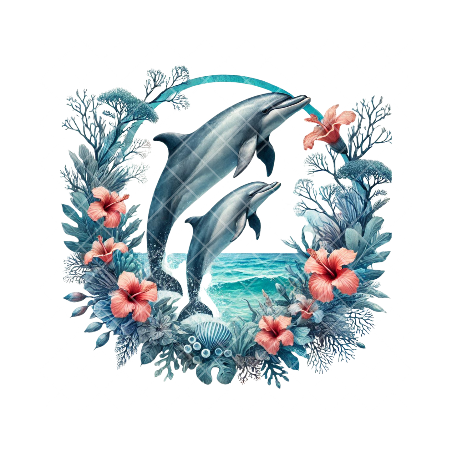 Dolphins Circular floral wreath PNG