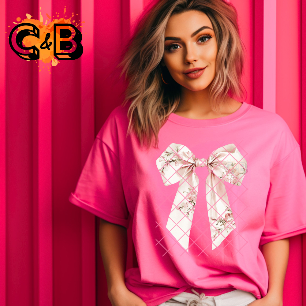 Elegant Floral Bow - Direct Print Film Transfer for T-Shirts, Cotton, Polyester & Blends - High-Quality DTF Print