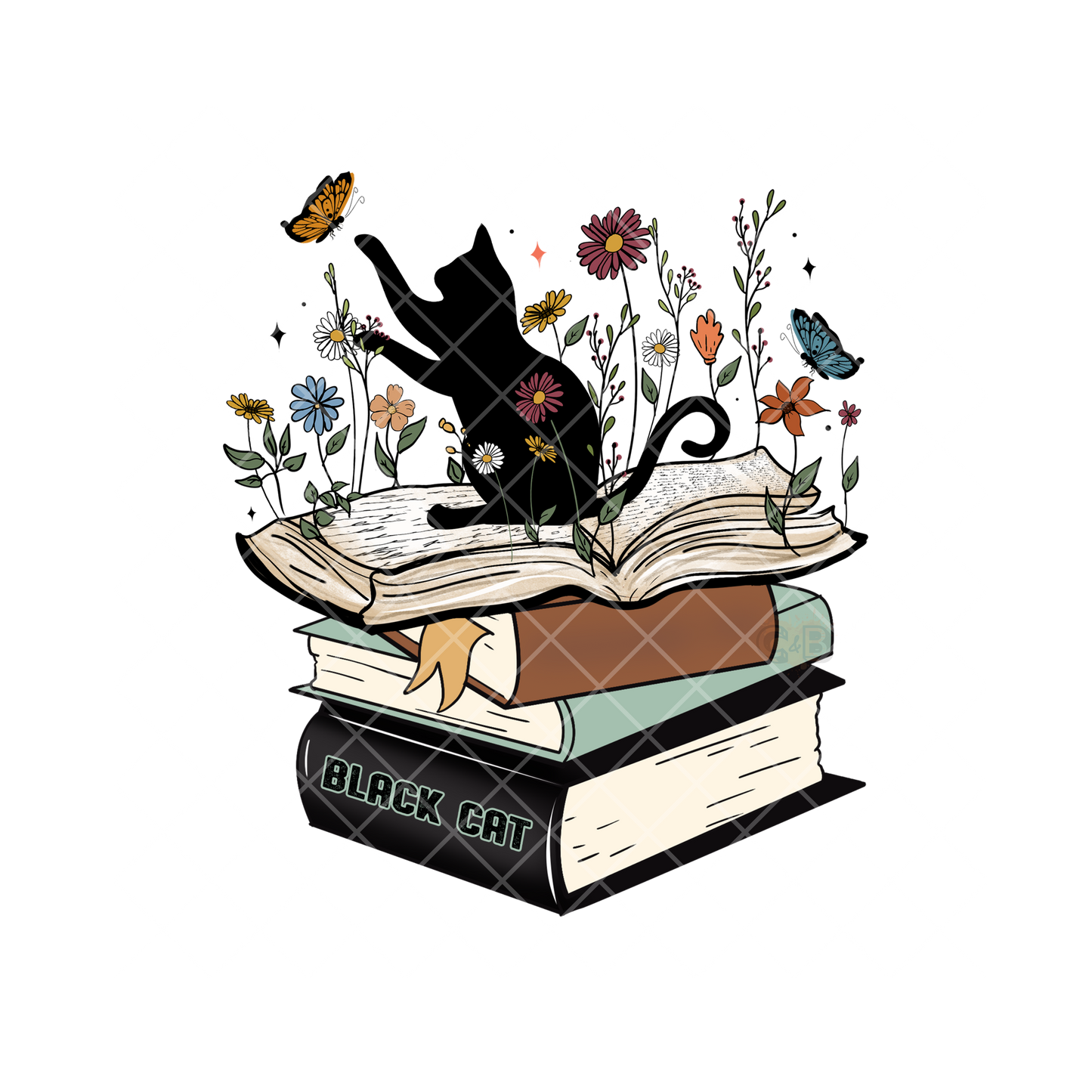 Black Cat Stack Of Books PNG