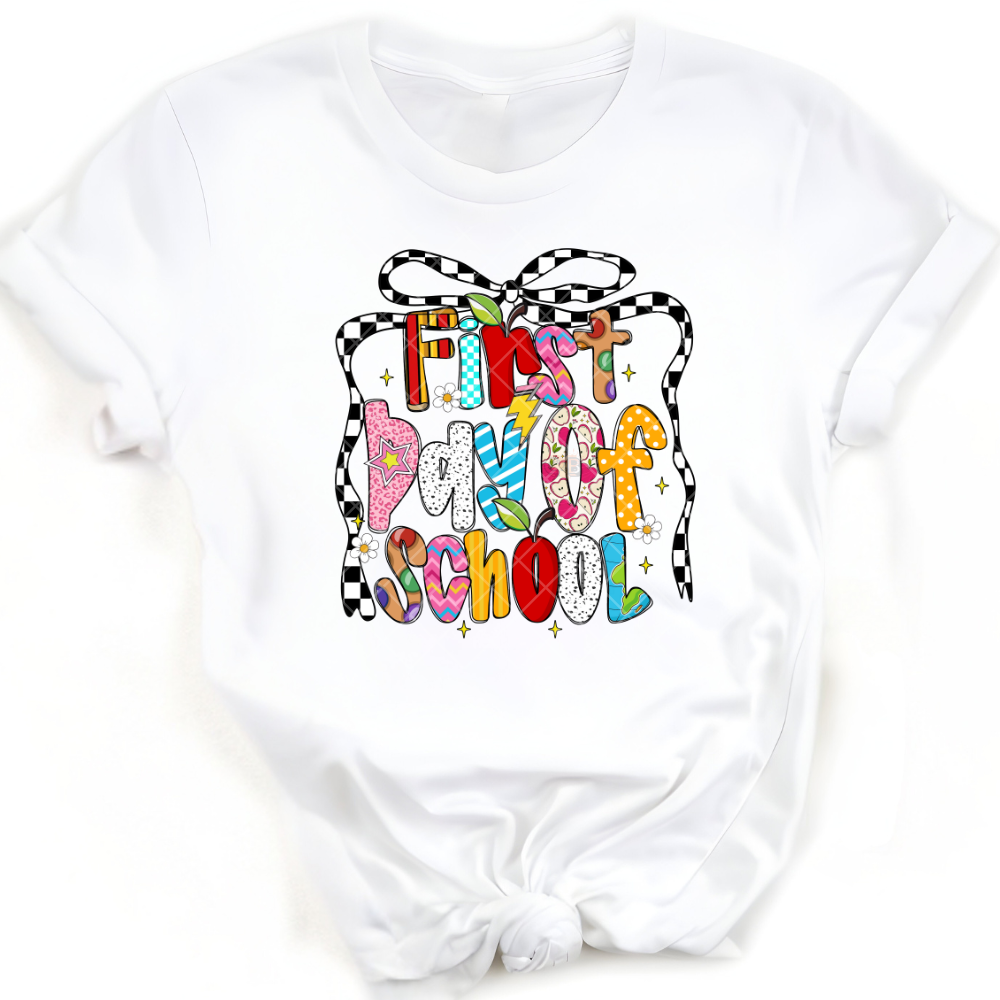 First Day Of School Checkered Ribbon - Direct Print Film Transfer for T-Shirts, Cotton, Polyester & Blends - High-Quality Print