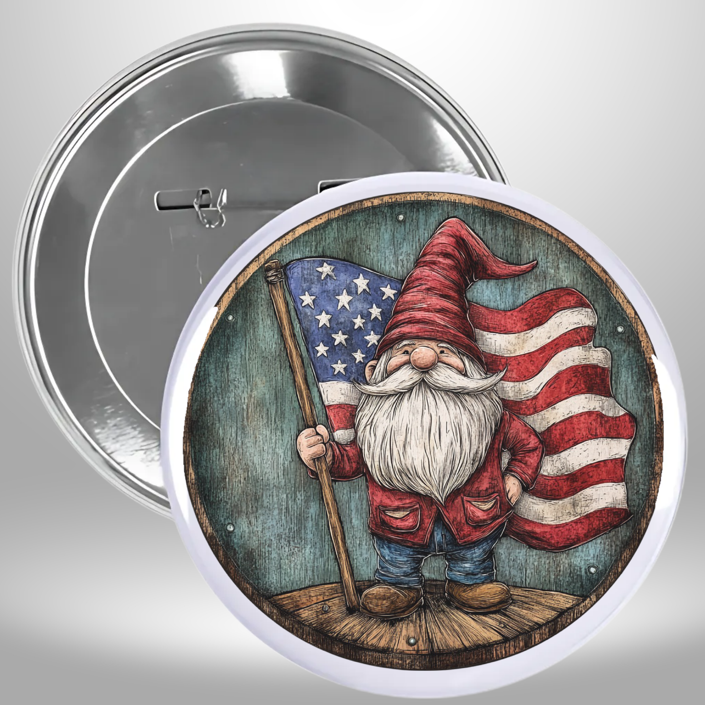 Set Of 9 - 4th Of July Theme Gnome Puppy Rooster Flag Pinback Buttons