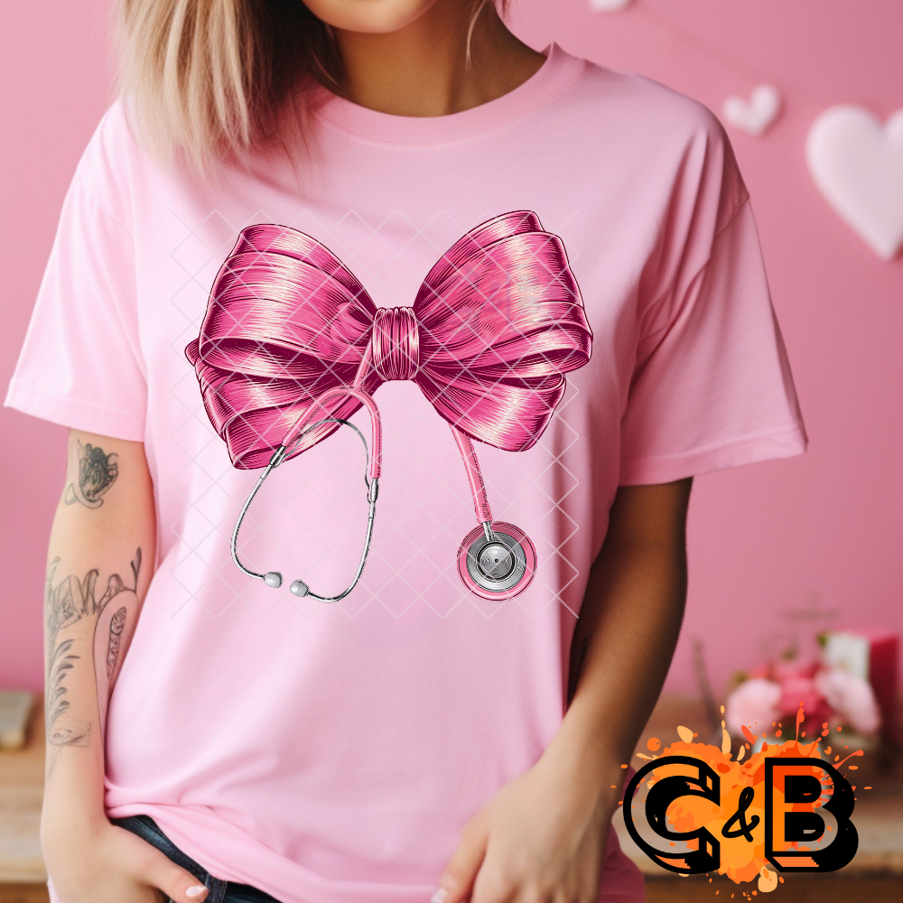 Pink nurse bow with stethoscope film T shirt Transfer