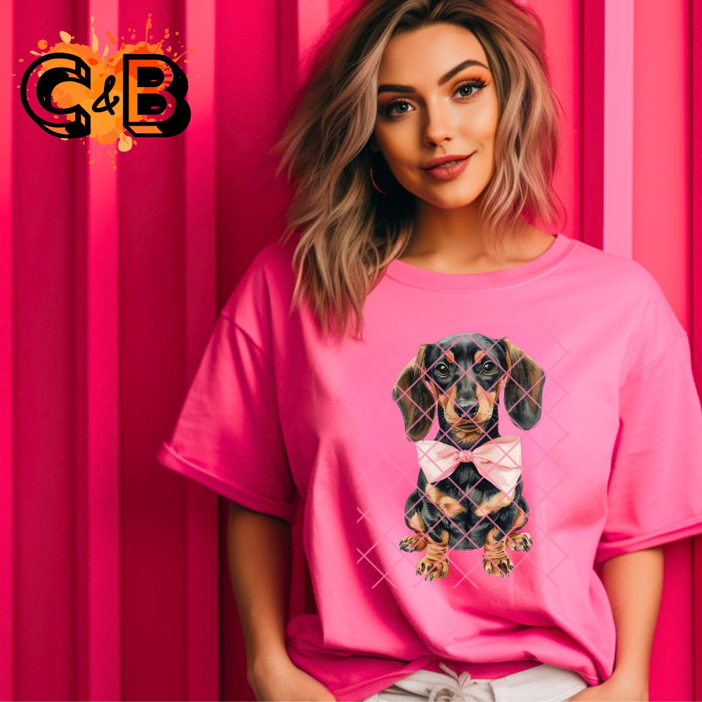 Dachshund Black With Pink Bow PNG