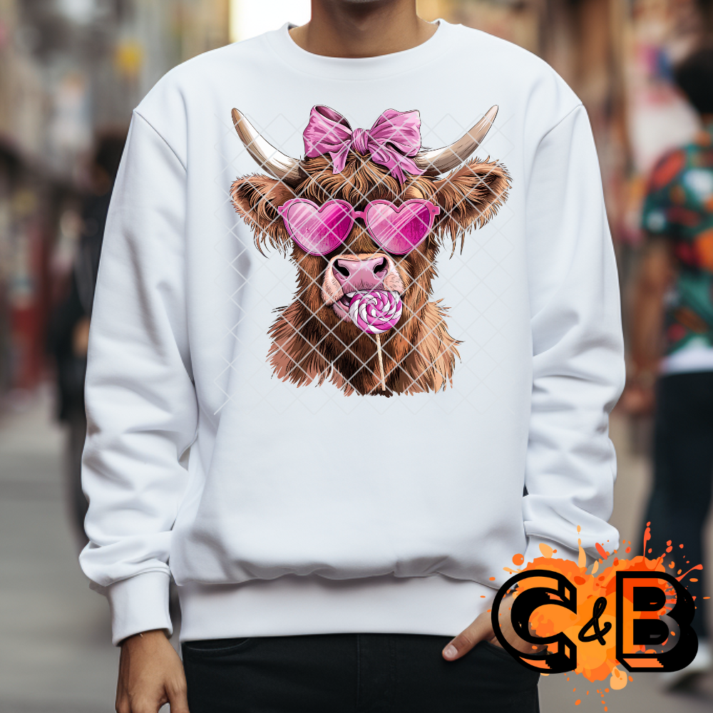 Highland Cow pink bow glasses and lollipop PNG