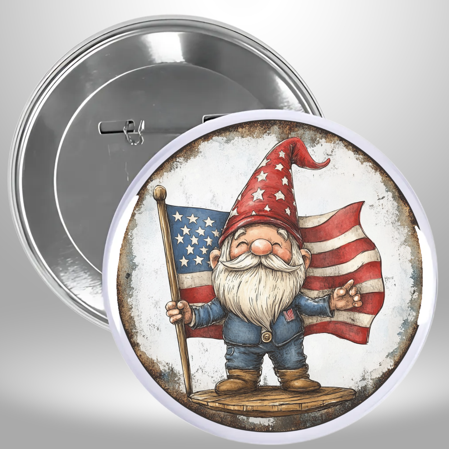 Set Of 9 - 4th Of July Theme Gnome Puppy Rooster Flag Pinback Buttons