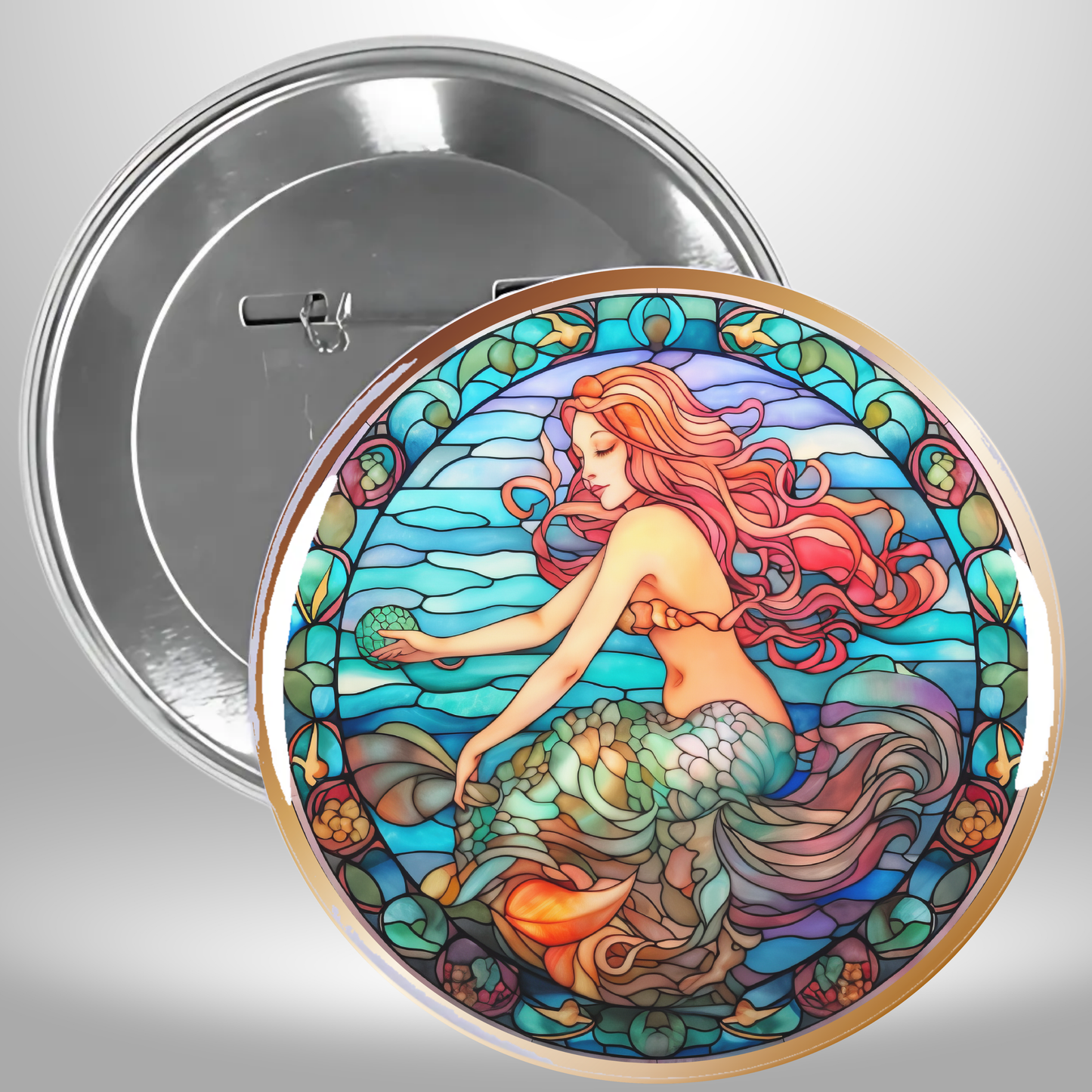 3 Piece Mermaid In Stained Glass Pinback Buttons