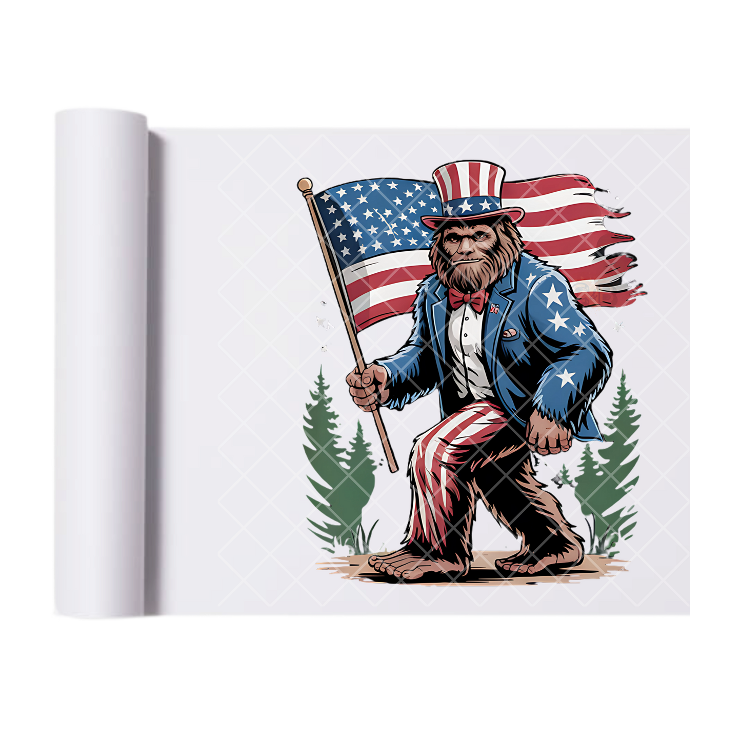 Bigfoot Carrying American Flag - Direct Print Film Transfer for Trendy T-Shirts, Cotton, Polyester & Blends - High-Quality Print