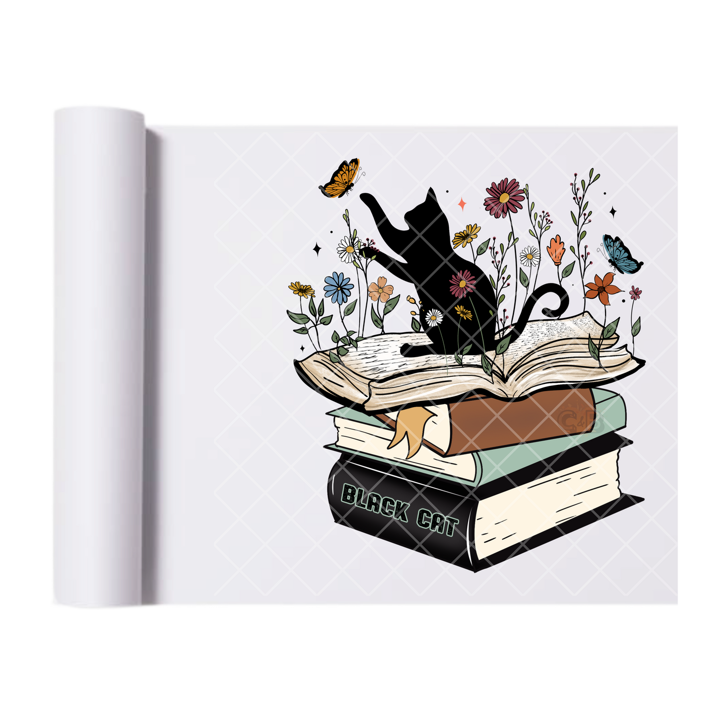 Black Cat Stack Of Books - Direct Print Film Transfer for T-Shirts, Cotton, Polyester & Blends - High-Quality Print