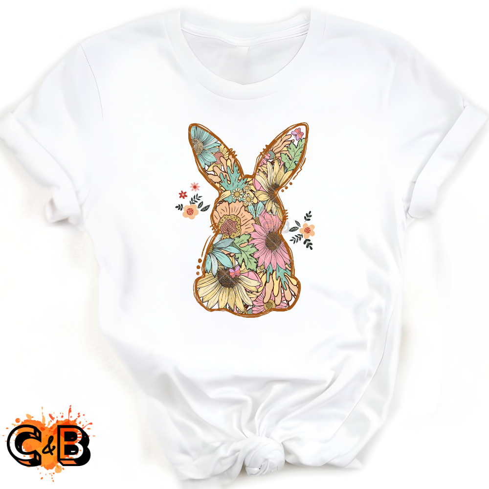 Bunny silhouette with flowers - Direct Print Film Transfer for T-Shirts, Cotton, Polyester & Blends - High-Quality DTF Print