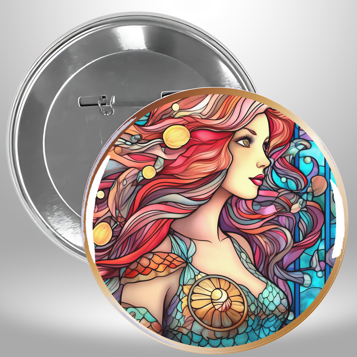 3 Piece Mermaid In Stained Glass Pinback Buttons