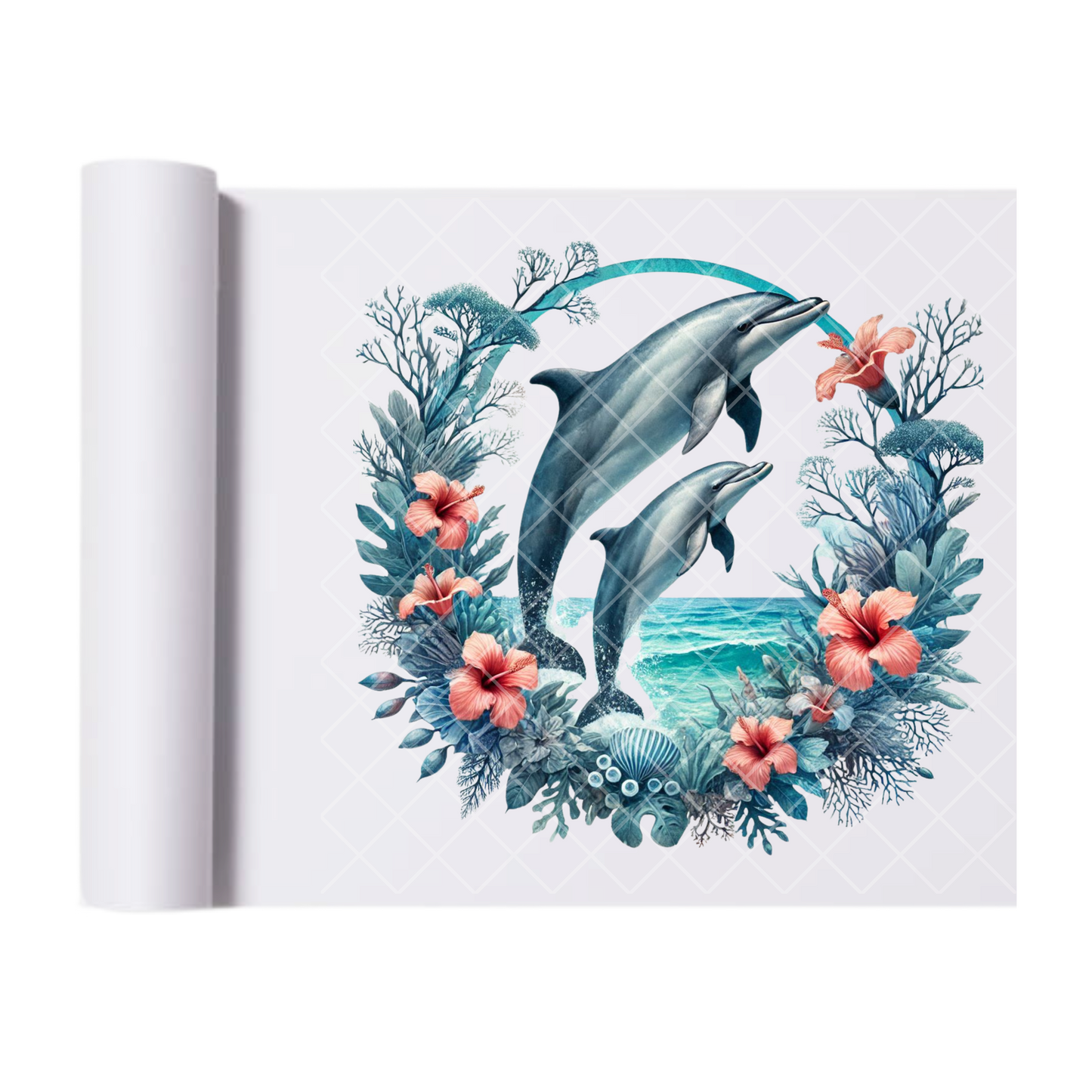 Dolphins Circular floral wreath - Direct Print Film Transfer for Trendy T-Shirts, Cotton, Polyester & Blends - High-Quality Print