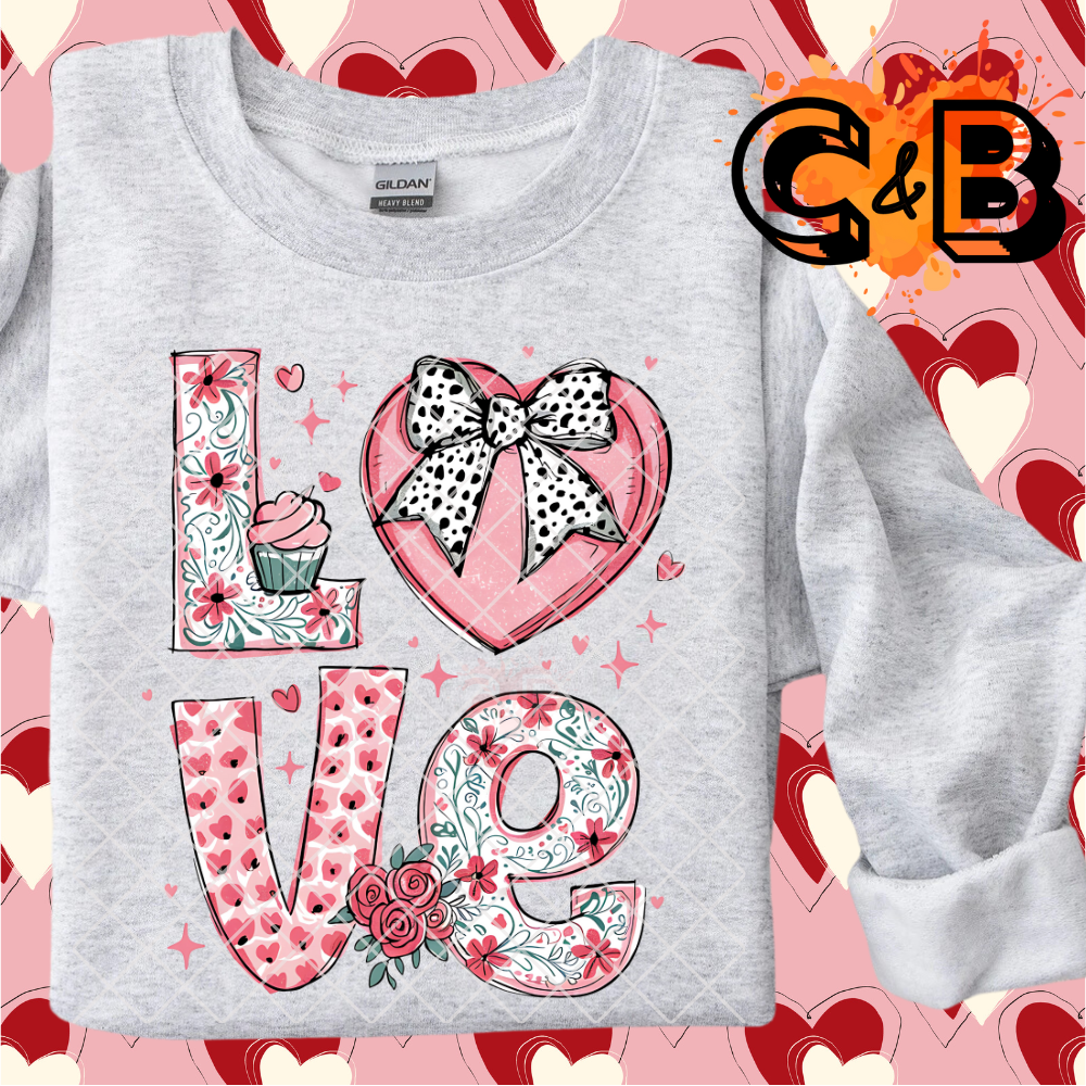 Love doodle pink pattern heart and bow PNG