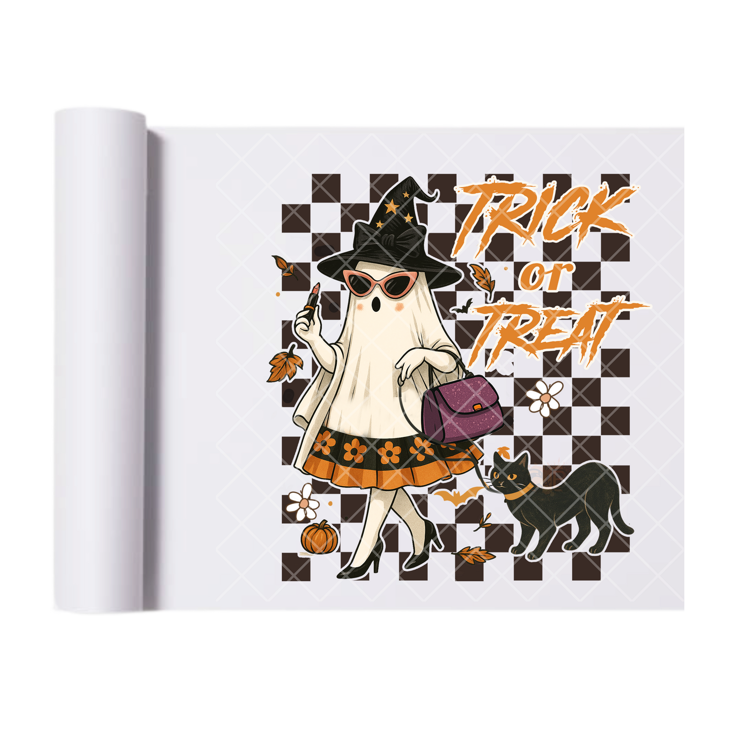 Trick Or Treat Fancy Lady Cat - Ready To Press Print Transfer for Apparel, Cotton, Polyester & Blends - High-Quality Print- Commercial Grade