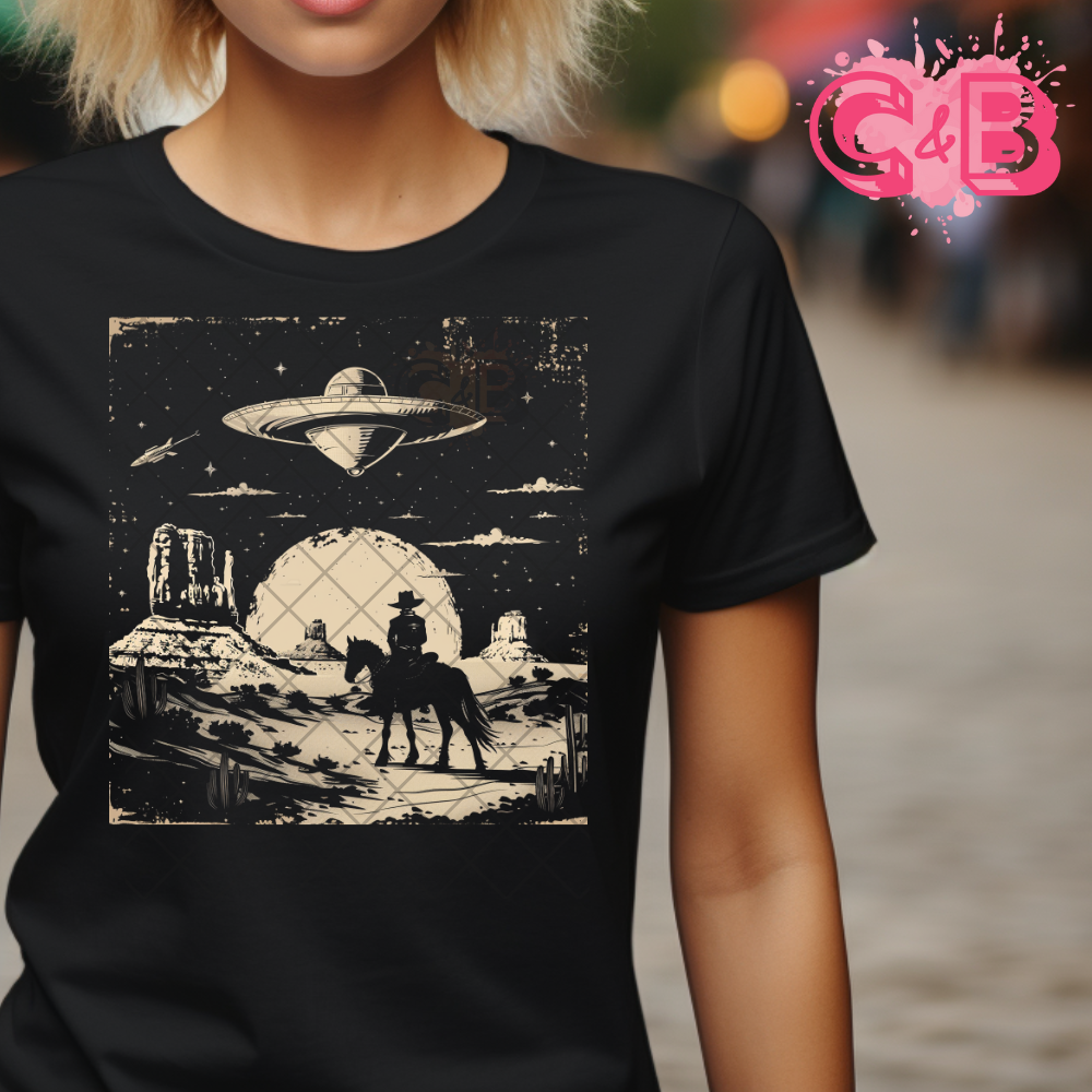 Black n white cowboy ufo DTF transfer-high quality transfer for printing