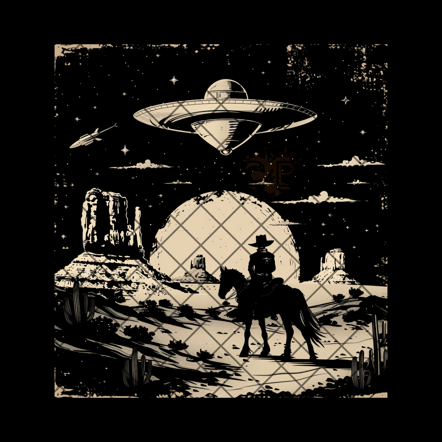 Black n white cowboy ufo DTF transfer-high quality transfer for printing