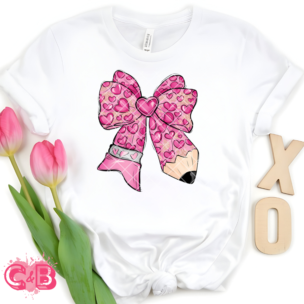 Pink pencil bow with hearts DTF transfer-high quality transfer for printing
