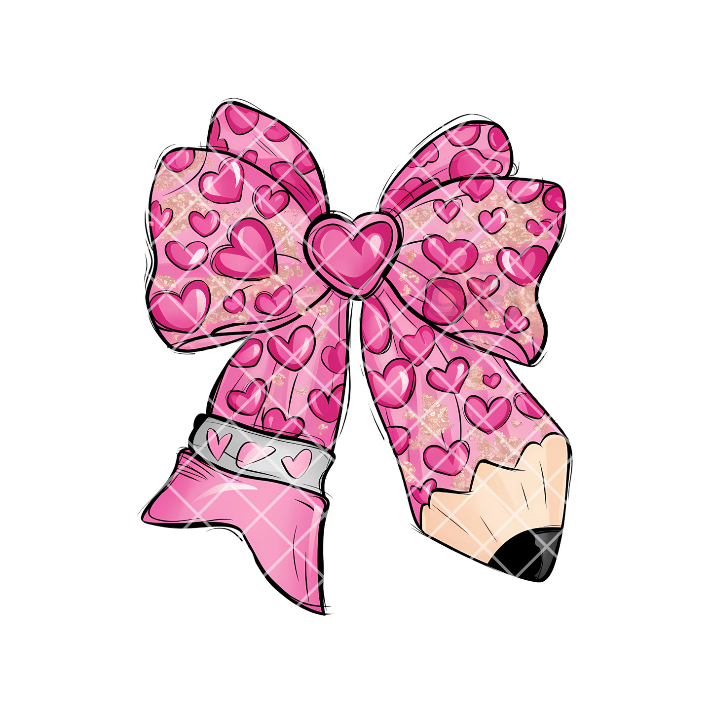 Pink pencil bow with hearts DTF transfer-high quality transfer for printing