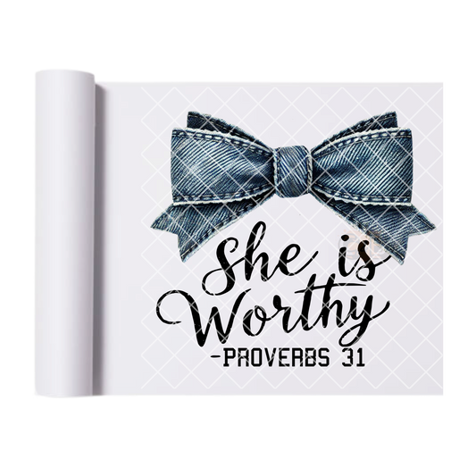 She is worthy blue jean bow DTF film t shirt transfer