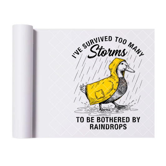Too Many Storms Duck Rain Coat - Direct Transfer Print, Ready To Press For T-Shirts, Cotton, Polyester & Blends - Tshirt Business Quality