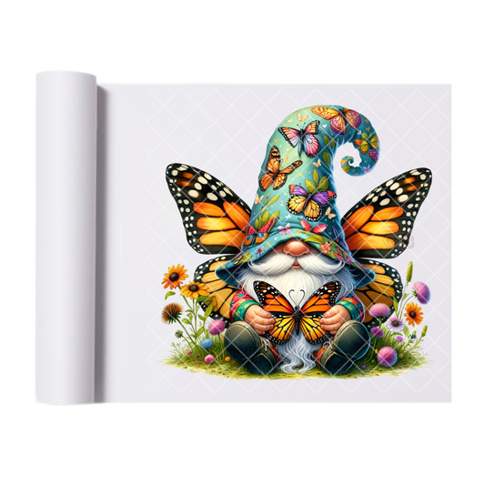 Butterfly Themed Gnome - Direct Print Film Transfer for T-Shirts, Cotton, Polyester & Blends - High-Quality Print