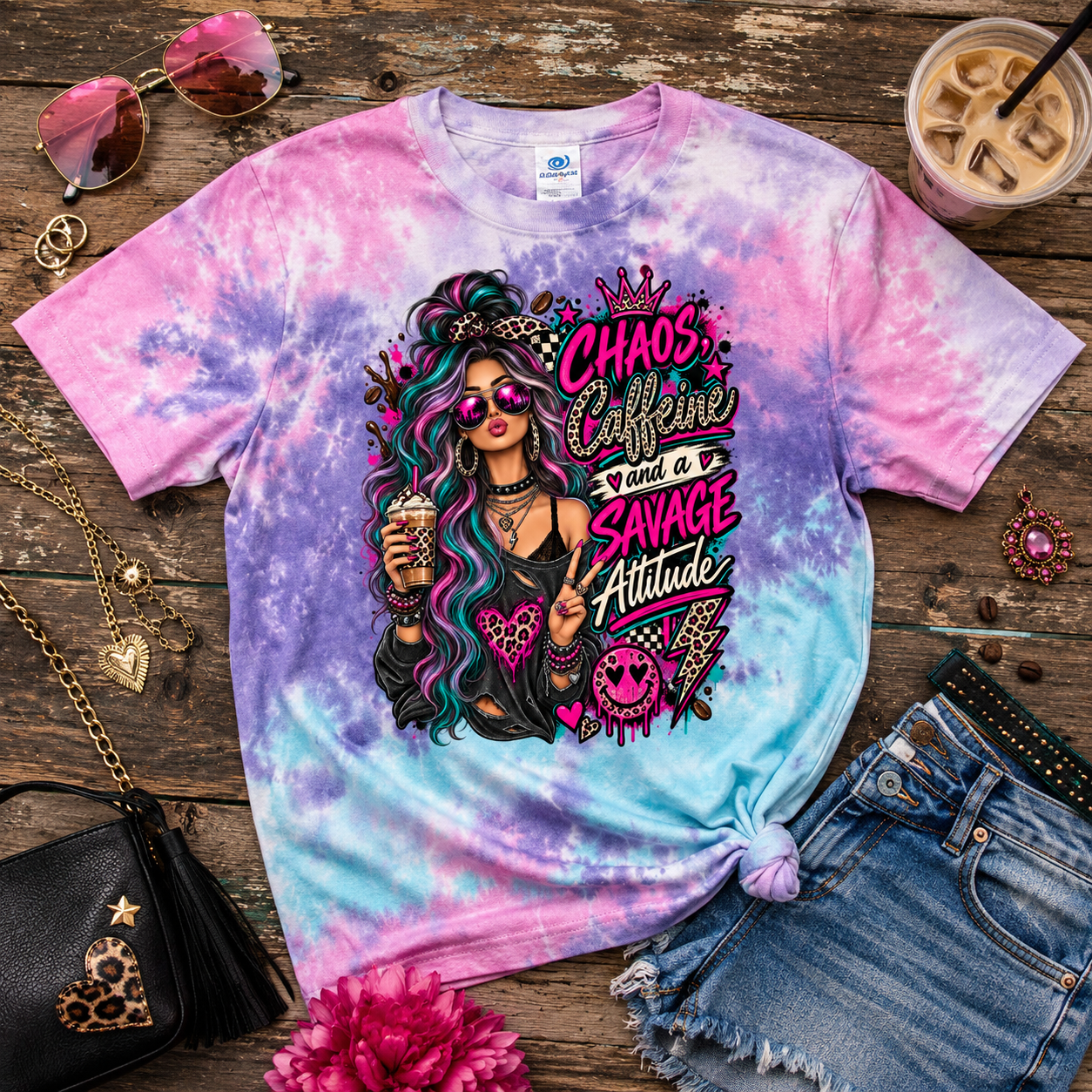 Chaos and Caffeine Pink and Blue Hair - Premium Graphic T-Shirt for Casual Wear