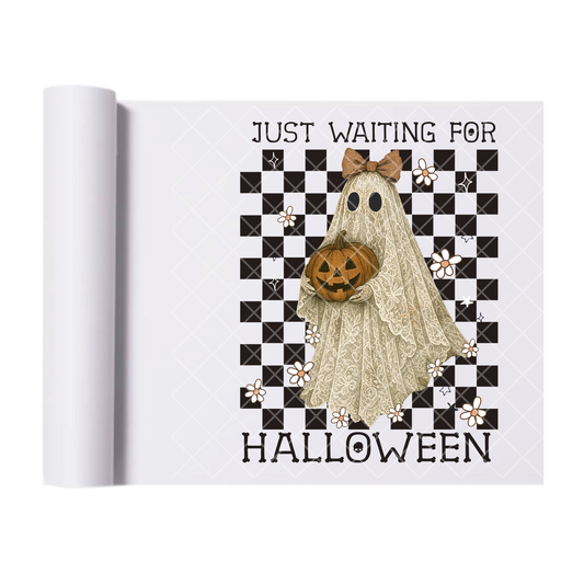 Waiting For Halloween Deco Ghost - Ready To Press Print Transfer for Apparel, Cotton, Polyester & Blends - High-Quality Print- Commercial Grade