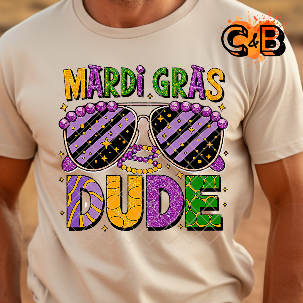 Mardi Gras dude with shades DTF film t shirt transfer